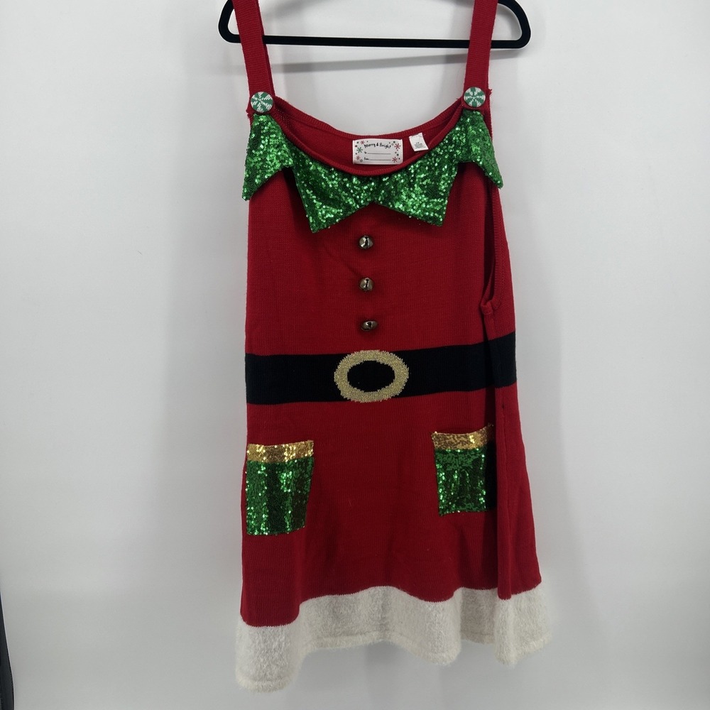 Merry & Brite Elf Dress 1X Plus Size Ugly Christmas Sweater Sequin Holiday Tunic
